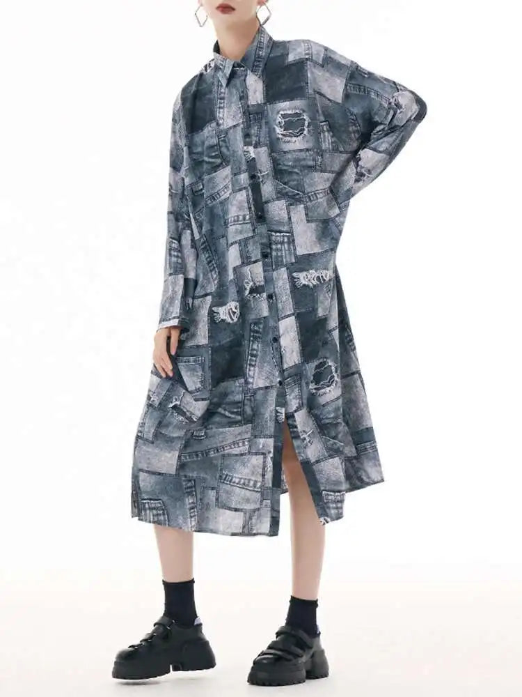 Women Blue Printed Big Size Midi Shirt Dress New Lapel Long Sleeve Loose Fit Fashion Tide Spring Autumn 2025 1DH0515