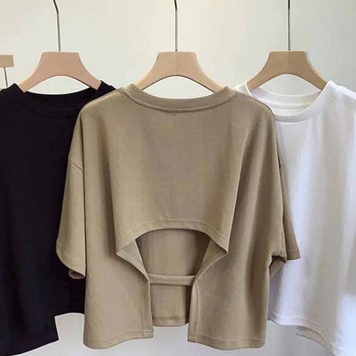 Load image into Gallery viewer, Summer New Ladies Casual Backless T-Shirt 2024 Korean Women Round Neck Loose Sweet Spicy Wind Short-Sleeved Crop Tops
