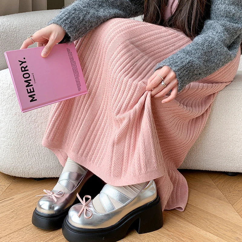 Vintage Women's Solid Elegant Party Knitted Long Skirt High Waist Pleated Warm Vacation A-line Skirts 2024 Autumn Winter Popular