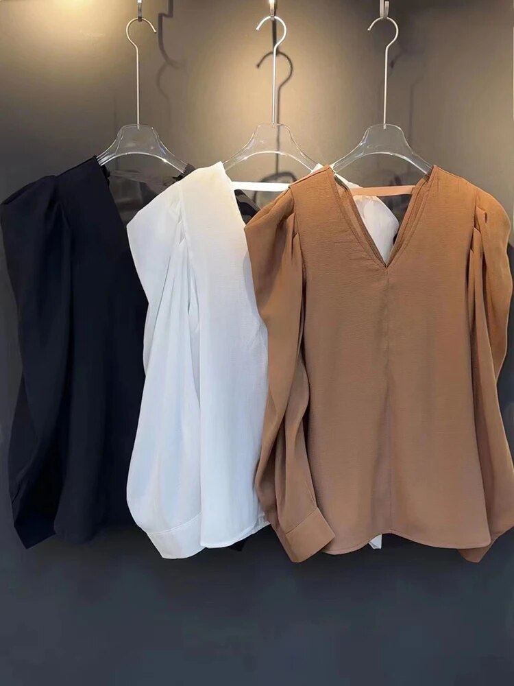 Solid Minimalist Blouses For Women V Neck Puff Sleeve Loose Temperament Shirts Female Fashion Style Clothing