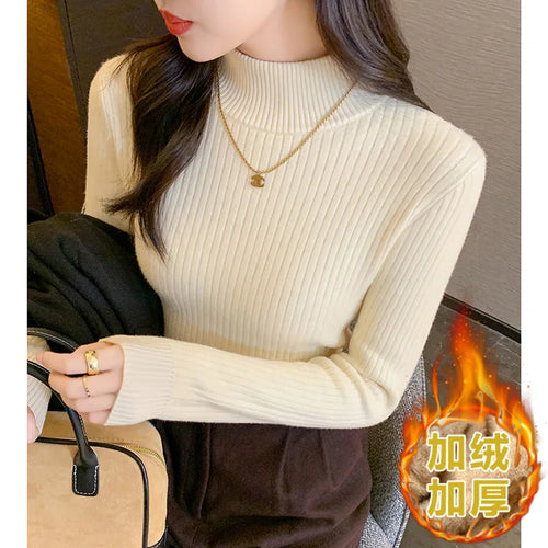 Load image into Gallery viewer, New Solid Basic Half High Collar Long Sleeve Women Velvet Sweater Autumn Winter Slim Thick Pullover Tops Knitwear Versatile Chic
