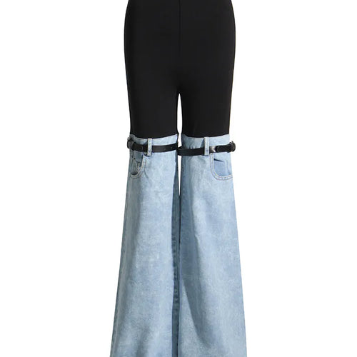 Load image into Gallery viewer, Hit Color Patchwork Denim Trousers For Women High Wiast Spliced Pocket Temperament Wide Leg Pants Female Fashion
