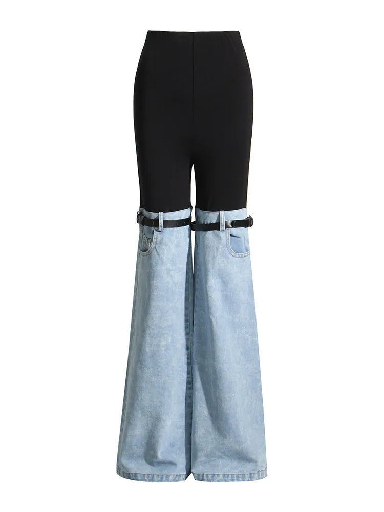 Hit Color Patchwork Denim Trousers For Women High Wiast Spliced Pocket Temperament Wide Leg Pants Female Fashion