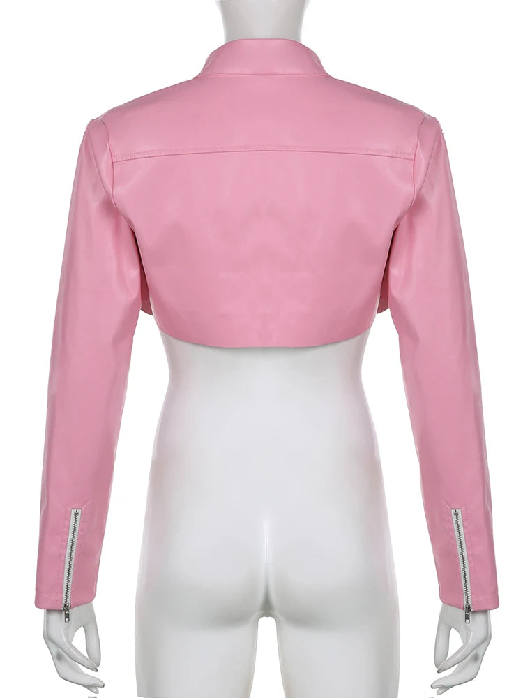 Fashion Clubwear Party Pink Leather Jacket Female Letter Embroidery Autumn Winter Coat Cropped Motorcycle Jacket Chic