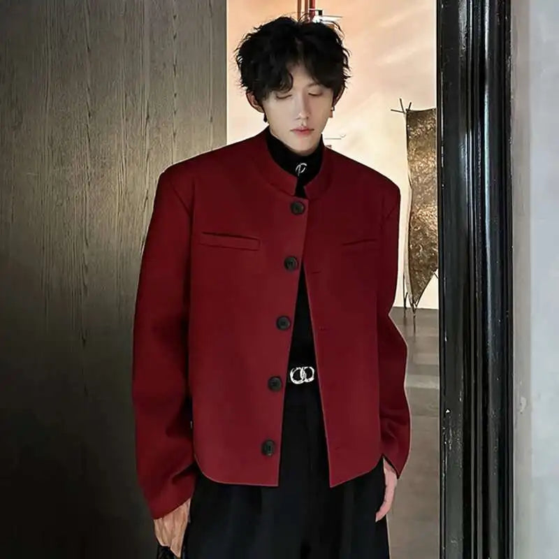 Stylish Men's Suit Jackets Stand Collar Single Breasted Shoulder Padded Slim Casual Thickened Male Short Blazers 9W223