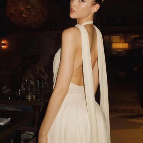 Load image into Gallery viewer, Halter Deep V Neck Backless Sexy Mini Dress For Women Robe Solid Sleeveless High Waist Ruffled Club Party Dress
