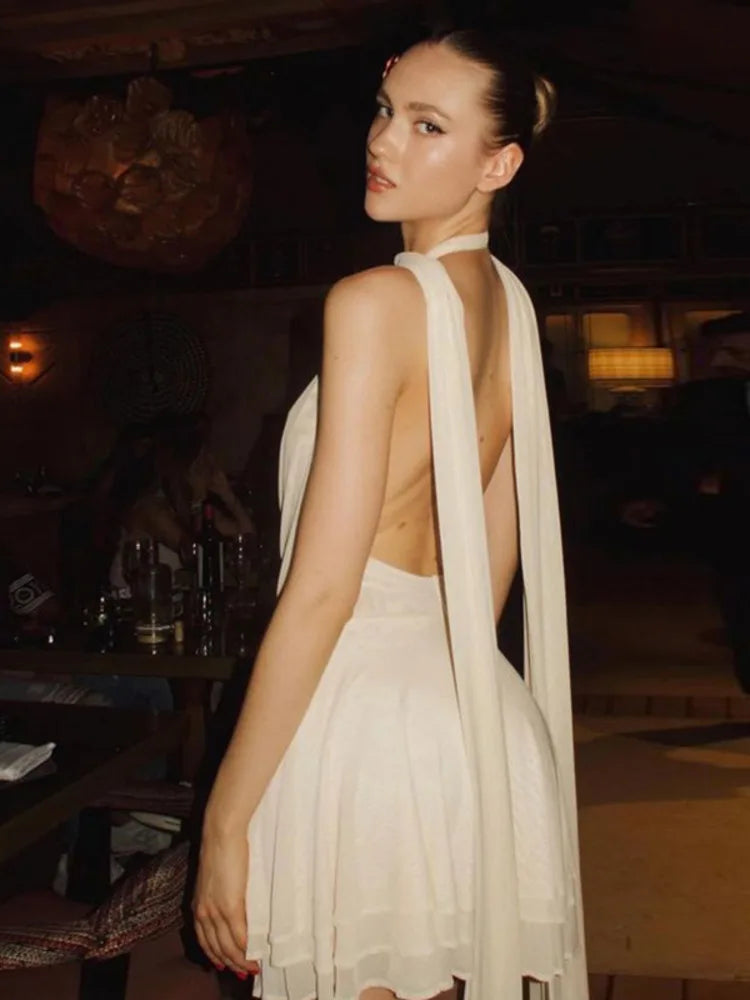 Halter Deep V Neck Backless Sexy Mini Dress For Women Robe Solid Sleeveless High Waist Ruffled Club Party Dress