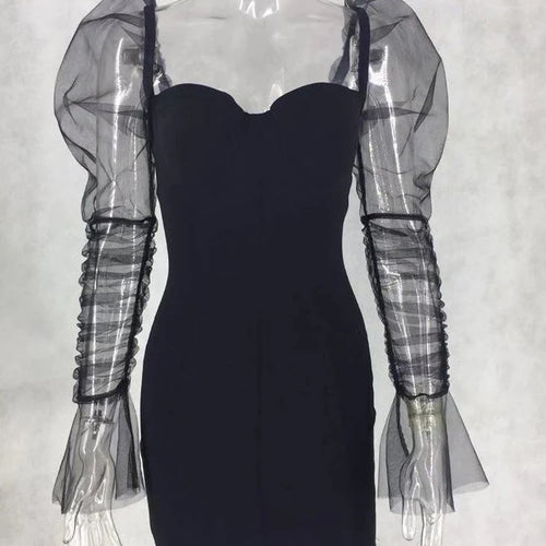 Load image into Gallery viewer, Sexy Mesh Puff Sleeve Party Dress Women Low Collar Backless Patchwork Red Mini Dress Nightclub 2020 Spring Vestidos
