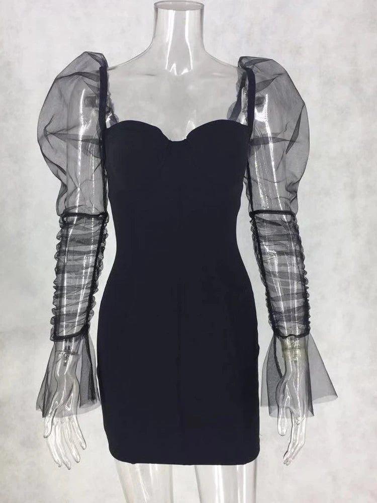 Sexy Mesh Puff Sleeve Party Dress Women Low Collar Backless Patchwork Red Mini Dress Nightclub 2020 Spring Vestidos