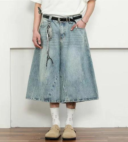 Men's Denim Shorts New American Hign Street Style Washed Loose Pants Solid Color Trendy Wide Leg Male Bottoms 9W1697