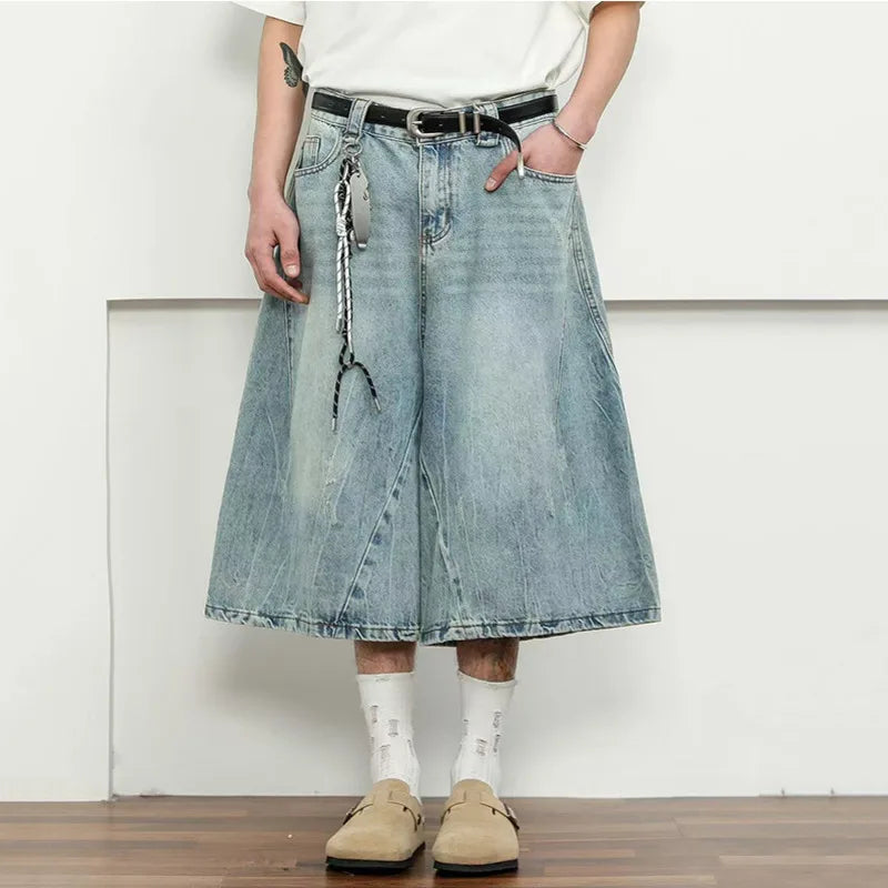 Men's Denim Shorts New American Hign Street Style Washed Loose Pants Solid Color Trendy Wide Leg Male Bottoms 9W1697