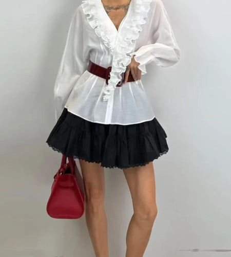 Slimming Sheer Spliced Fungus Folds Shirts for Women V Neck Long Sleeves Patchwork Single Breasted Shirt Female New