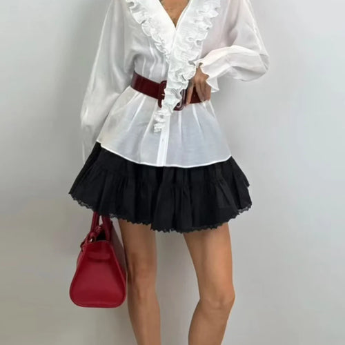 Load image into Gallery viewer, Slimming Sheer Spliced Fungus Folds Shirts for Women V Neck Long Sleeves Patchwork Single Breasted Shirt Female New
