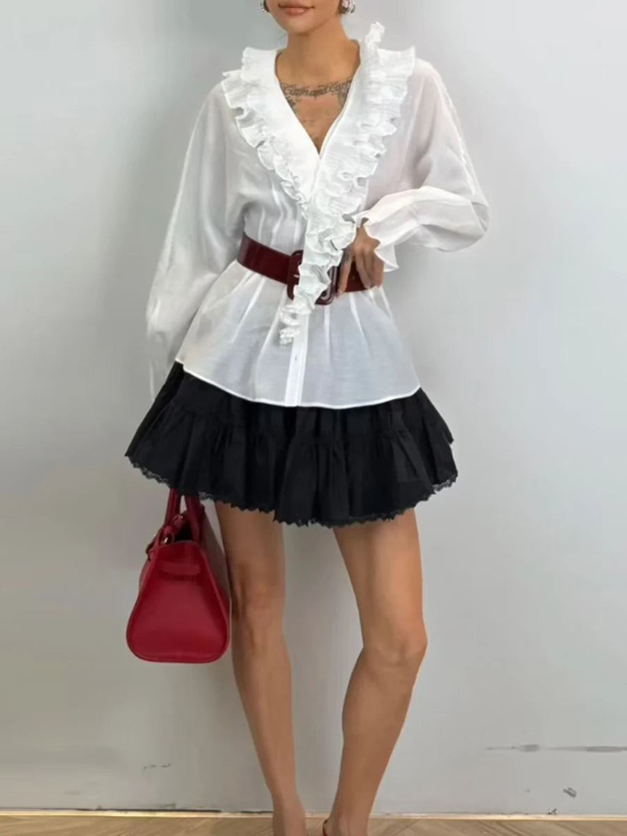 Slimming Sheer Spliced Fungus Folds Shirts for Women V Neck Long Sleeves Patchwork Single Breasted Shirt Female New