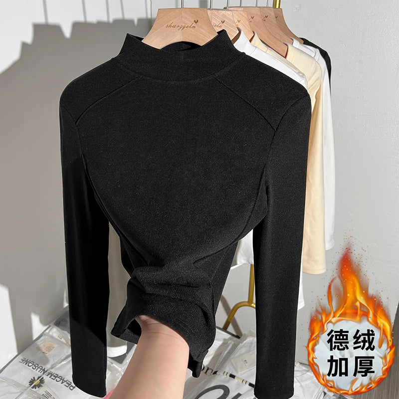 2024 Women Pullover Half Turtleneck Sweater Autumn Winter Long Sleeve Slim Korean Simple Basic Solid Elegant Tops Vintage Trend