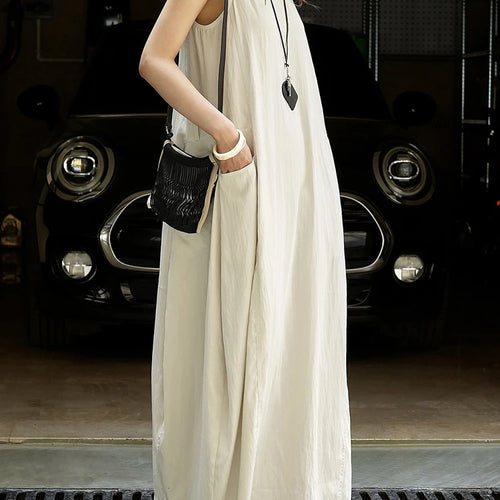 Load image into Gallery viewer, Women Khaki Brief Pocket Casual Long Elegant Bud Dress New Round Neck Sleeveless Fashion Tide Spring Summer 2025 1DJ1330
