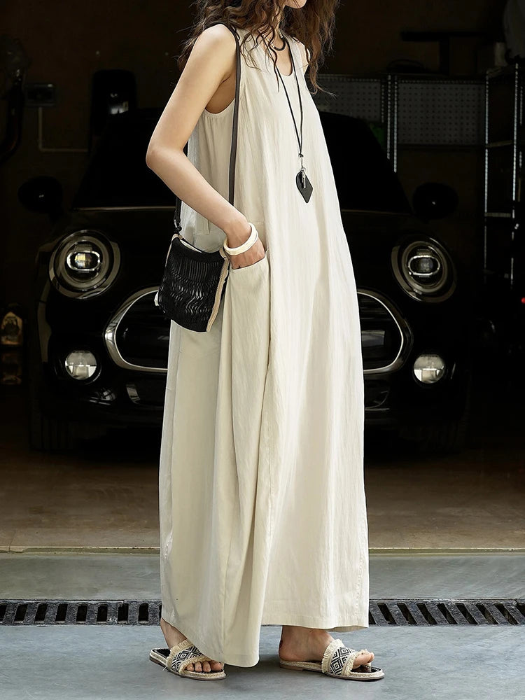 Women Khaki Brief Pocket Casual Long Elegant Bud Dress New Round Neck Sleeveless Fashion Tide Spring Summer 2025 1DJ1330
