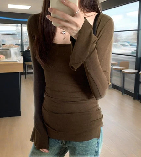 y2k Tops for Women Aesthetic Clothing Solid Color Round Neck Flared Long Sleeve T Shirts 2000s Clothes Streetwear