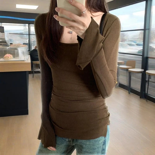 Load image into Gallery viewer, y2k Tops for Women Aesthetic Clothing Solid Color Round Neck Flared Long Sleeve T Shirts 2000s Clothes Streetwear
