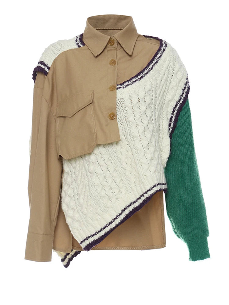 Khaki Irregular Big Size Knitting Sweater Lapel Long Sleeve Women Pullovers New Fashion Tide Autumn Winter 2025 1DE6073