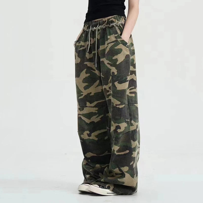 Men's Cargo Pants New American Style Summer Loose Straight Wide Leg Trendy  Elastic Waist Stylish Male Trousers 9W1782