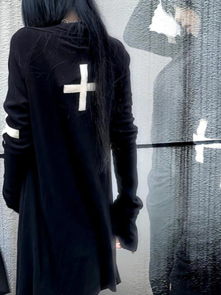 Harajuku Women Black Punk Jackets Gothic Vintage Y2k Aesthetic Loose Crucifix Printing Jacket Streetwear Grunge Irregular Tops