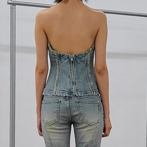 Load image into Gallery viewer, Solid Denim Tank Tops For Women Strapless Sleeveless Slim Streetwear Vest Female Fashion Style Clothing
