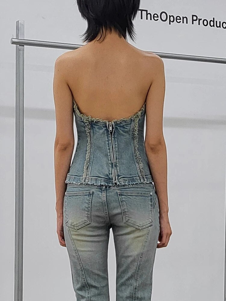 Solid Denim Tank Tops For Women Strapless Sleeveless Slim Streetwear Vest Female Fashion Style Clothing