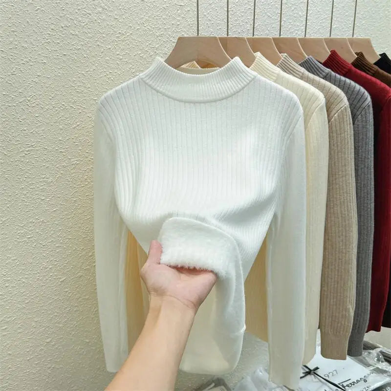 Autumn Winter Korean Fashion Solid Half High Neck Velvet Knitted Sweater Women Warm Long Sleeve Pullovers Top Versatile Clothing