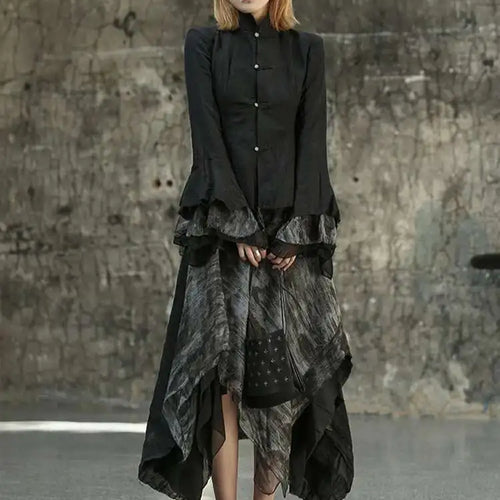 Load image into Gallery viewer, Women Black Mesh Printed Irregular Blouse New Stand Collar Long Sleeve Loose Fit Shirt Fashion Spring Autumn 2025 1DF6824
