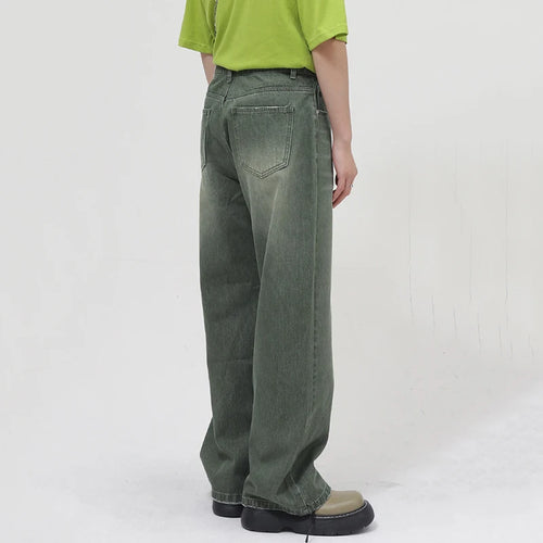 Load image into Gallery viewer, Men&#39;s Loose Straight Washed Green Frayed Jeans Autumn Wide Leg Denim Pants Korean Chic Trousers 9A1081
