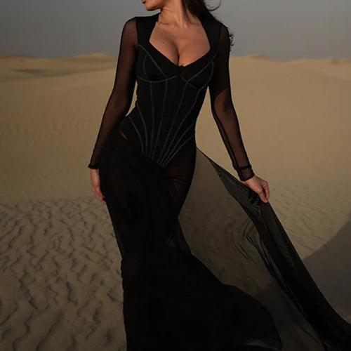 Load image into Gallery viewer, Sexy Mesh Perspective Long Sleeved Pants Women's Jumpsuit 2024 Summer Tight Jumpsuit V-neck Jumpsuit Vacation Beachwear
