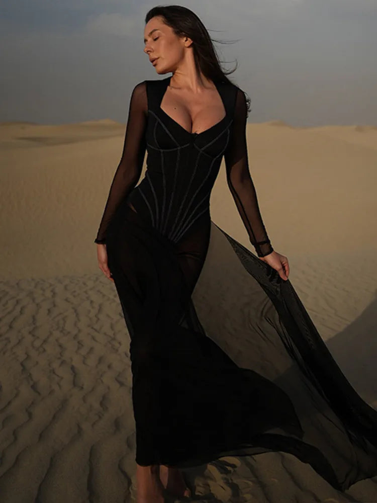 Sexy Mesh Perspective Long Sleeved Pants Women's Jumpsuit 2024 Summer Tight Jumpsuit V-neck Jumpsuit Vacation Beachwear