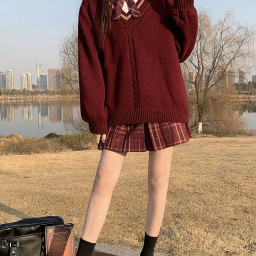 Load image into Gallery viewer, V-neck Twist Patchwork Grunge Sweaters Loose Knitted Vintage Solid Preppy Jumpers Japanese Y2k Aesthetic Femme Casual Pullovers
