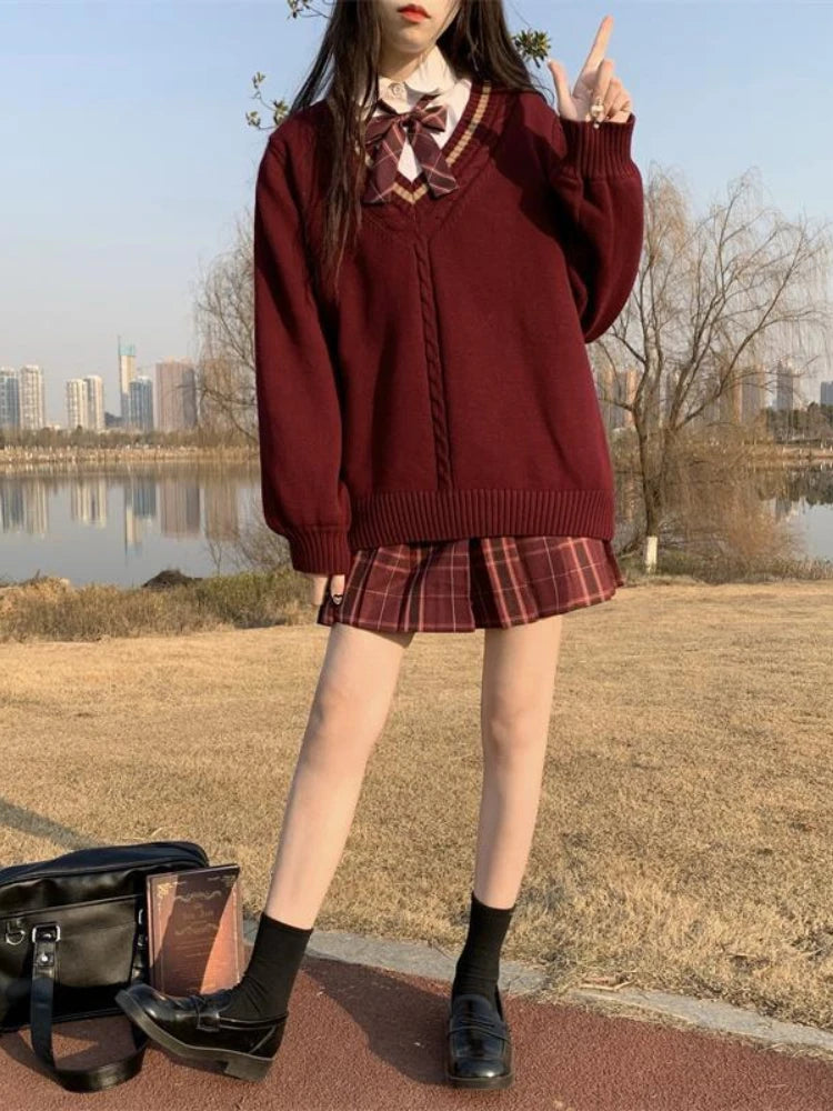 V-neck Twist Patchwork Grunge Sweaters Loose Knitted Vintage Solid Preppy Jumpers Japanese Y2k Aesthetic Femme Casual Pullovers