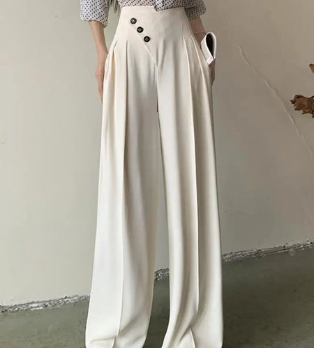 Black White Button Wide Leg Long Pants Women Spring Summer Gray High Waist Loose Straight Trousers Street Fashion Casual Popular