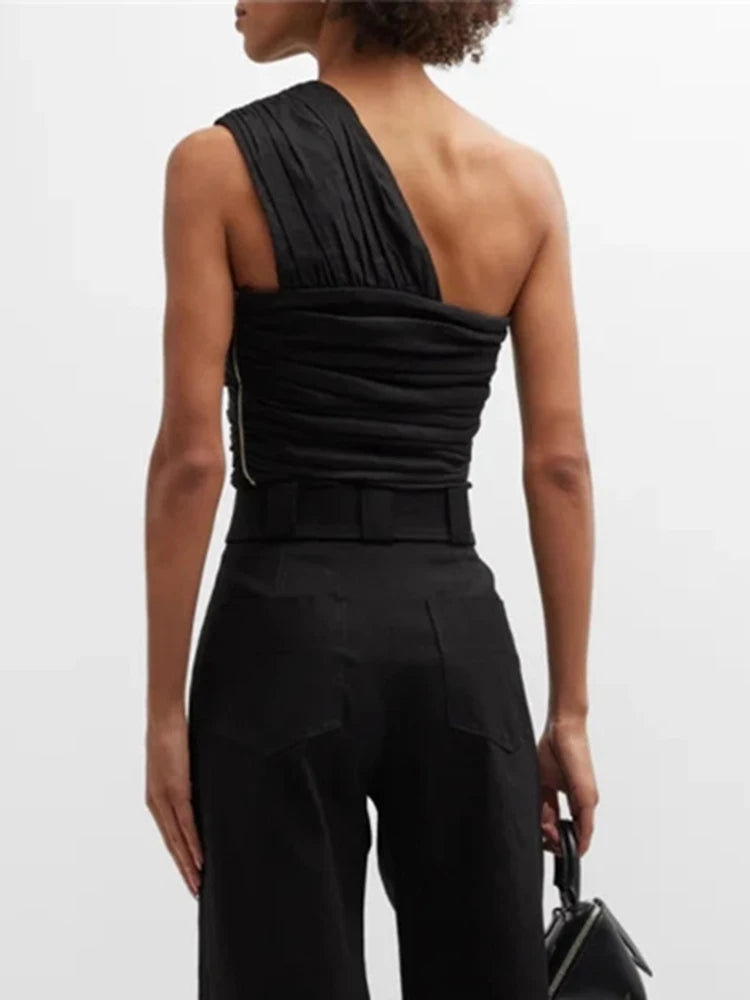 Asymmetrical Soild Tank Tops For Women Diagonal Collar Sleeveless Off Shoulder Folds Slimming Vests Female Summer Clothing