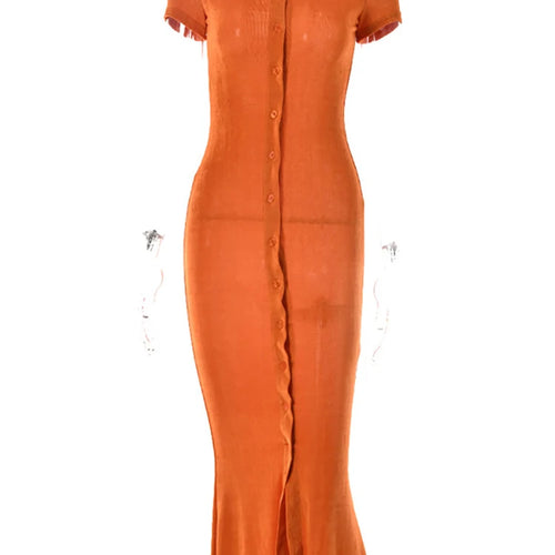 Load image into Gallery viewer, Summer Single-breasted Bodycon Maxi Dresses For Women Short Sleeve See Through Beach Dress Solid V-neck Party Vestidos
