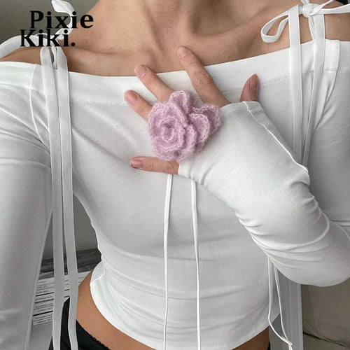 Load image into Gallery viewer, 2000s Tops Y2k Autumn Aesthetic White T Shirt Women Bow Tie Off Shoulder Long Sleeve Crop Top Kawii Clothes P85-AI14
