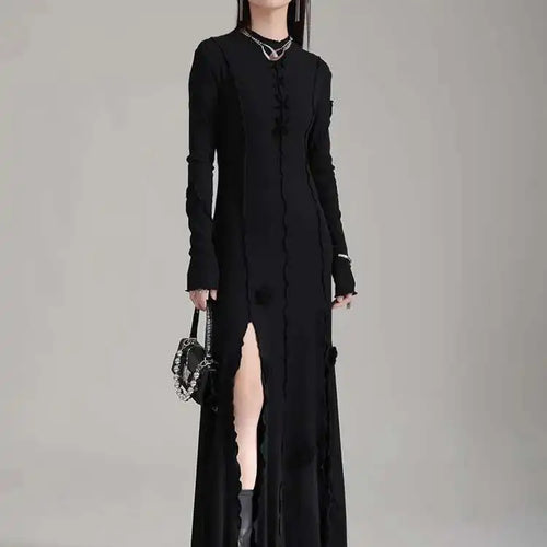 Load image into Gallery viewer, Women Black Flower Elegant Slit Long Dress New Turtleneck Long Sleeve Loose Fit Fashion Tide Spring Autumn 2025 1DH1870
