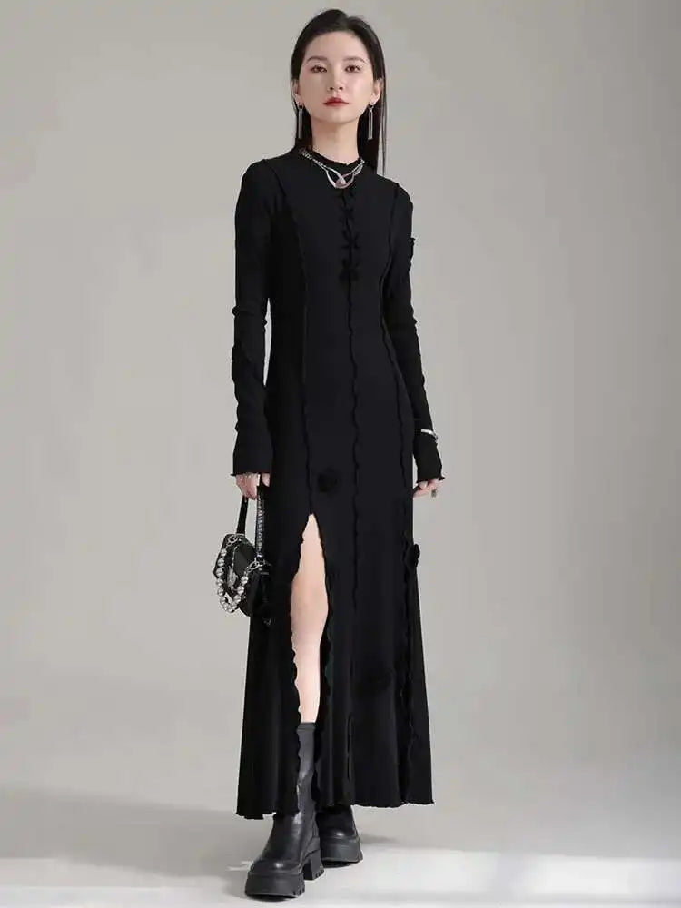 Women Black Flower Elegant Slit Long Dress New Turtleneck Long Sleeve Loose Fit Fashion Tide Spring Autumn 2025 1DH1870