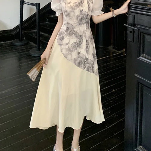 Load image into Gallery viewer, Puff Sleeve Spell Color Elegant Female Dresses High Street Stand Neck Hollow Out Women&#39;s Dresses Summer New Chinese Style
