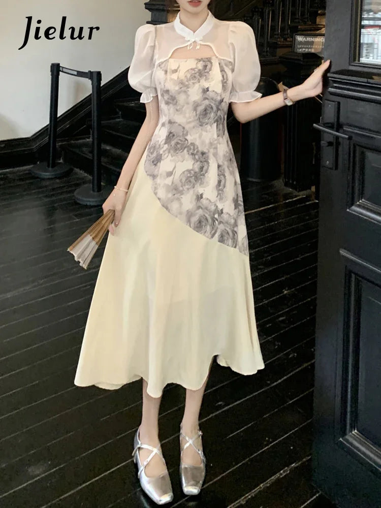 Puff Sleeve Spell Color Elegant Female Dresses High Street Stand Neck Hollow Out Women's Dresses Summer New Chinese Style