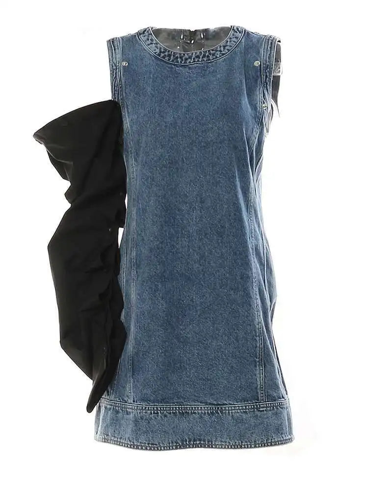 Women Blue Denim Button Many Ways Wear Dress New Round Neck Long Sleeve Loose Fit Fashion Tide Spring Autumn 2025 17A8518