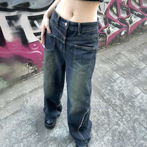 Load image into Gallery viewer, Korean Fashion Stitching Low Rise Baggy Pants Jeans Women Harajuku Distressed Denim Wide Leg Trousers Bottoms Outfits
