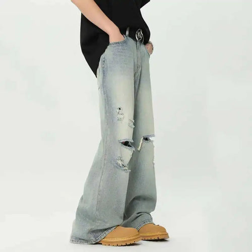 Load image into Gallery viewer, High Street Men&#39;s Jeans Straight Loose Hole Solid Color Worn-out Men Denim Pants 2024 Autumn New Male Trousers Women 9C6631
