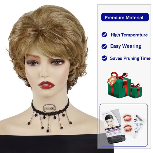 Load image into Gallery viewer, Synthetic Short Wigs for White Women Sandy Blonde Wig with Bangs Mix Brown Color Natural Curly Wig Hair Ombre Elderly Wig Mommy
