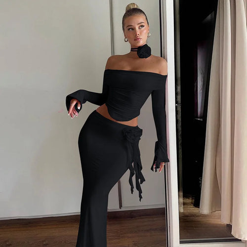 Load image into Gallery viewer, Elegant Halter 3D Flower Two Piece Sets Women Fashion Off-shoulder Tops And Maxi Skirt Matching Sets Bodycon Sexy Dress
