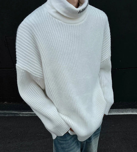 Korean Turtleneck Jacquard Knit Sweater Men Contrast Color Tops High Neck Letter 2024 Pullovers Autumn Winter Trend 9C8928
