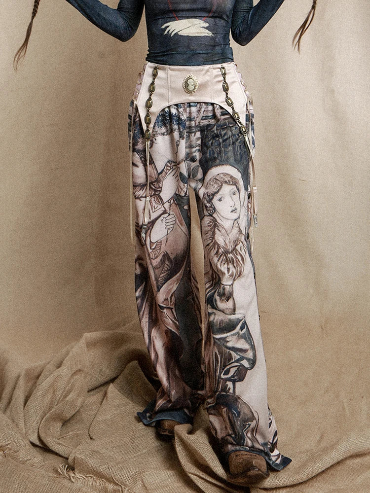 Colorblock Printing Loose Split Pants For Women High Waist Vintage Casaul Straight Leg Pant Female Fashion Clothing